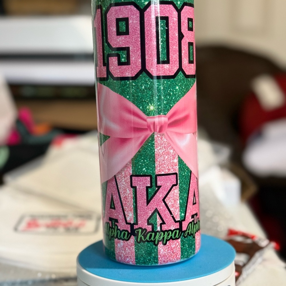 Green and Pink Glitter Tumbler with Bow